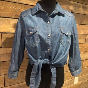 Denim Button-Up Tie-Front Shirt